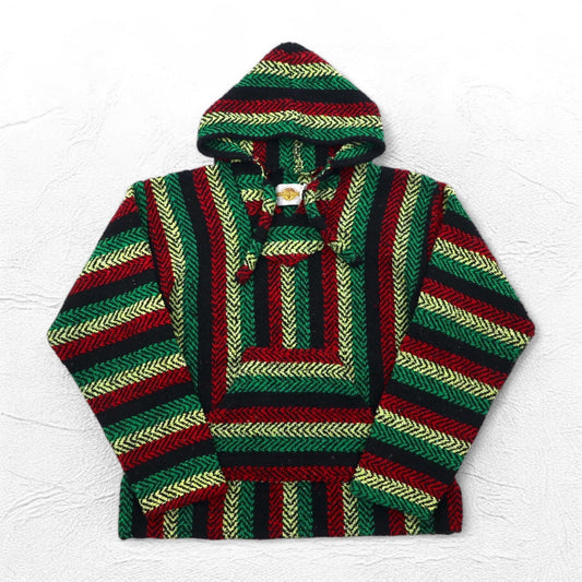 Vintage 90s Mexican Baja Hoodie EARTH RAGZ 90年代 メキシカンパーカー L ラスタカラー ストライプ メキシコ製