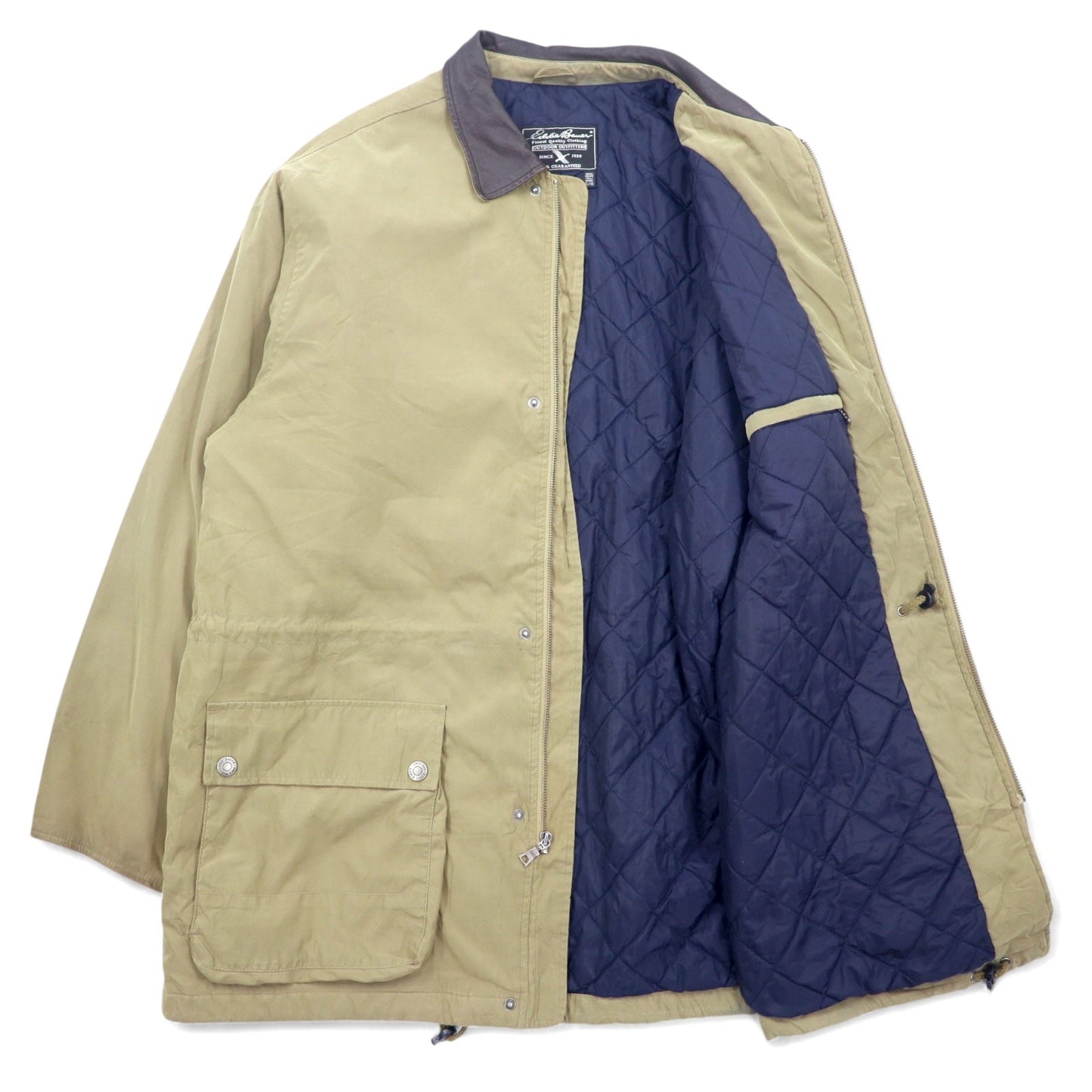 Eddie Bauer 90年代 ピーチスキン ハンティングジャケット XL ベージュ ポリエステル 襟レザー ドローコード キルティングライナー
