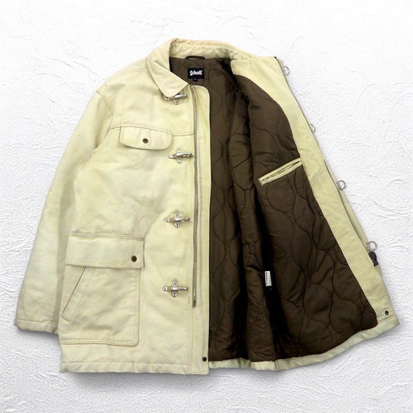 Schott ファイヤーマンジャケット ダック ワークジャケット カバーオール XL ベージュ 中綿 キルティングライナー
