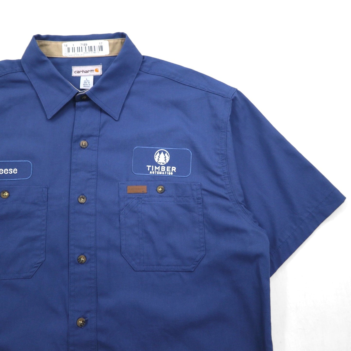 carhartt 半袖 ワークシャツ L ネイビー コットン 胸ポケット アメリカ企業 刺繍 TIMBER 384-19 メキシコ製