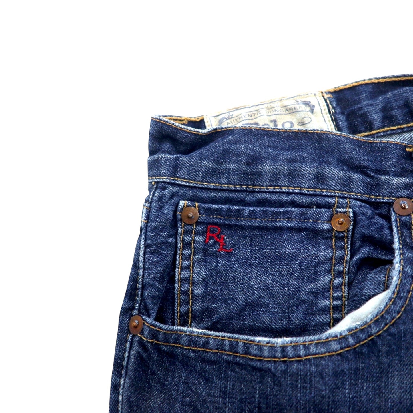 POLO RALPH LAUREN デニムパンツ 34 ブルー コットン レザーパッチ ジッパーフライ RL ロゴ 刺繍 メキシコ製