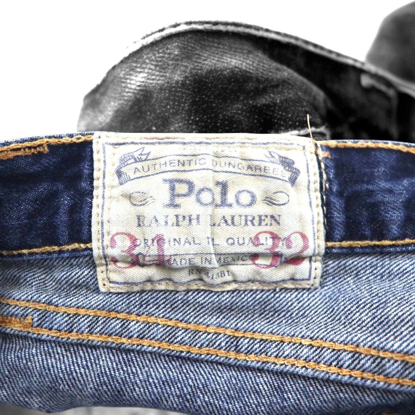 POLO RALPH LAUREN デニムパンツ 34 ブルー コットン レザーパッチ ジッパーフライ RL ロゴ 刺繍 メキシコ製