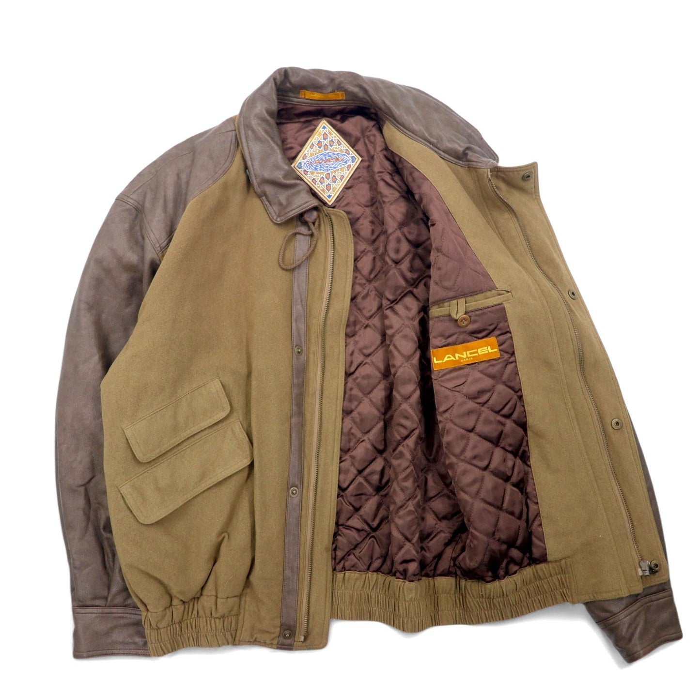 LANCEL オールド 異素材切替 フライトジャケット ボンバージャケット ブルゾン M ブラウン ポリエステル フード収納式 日本製