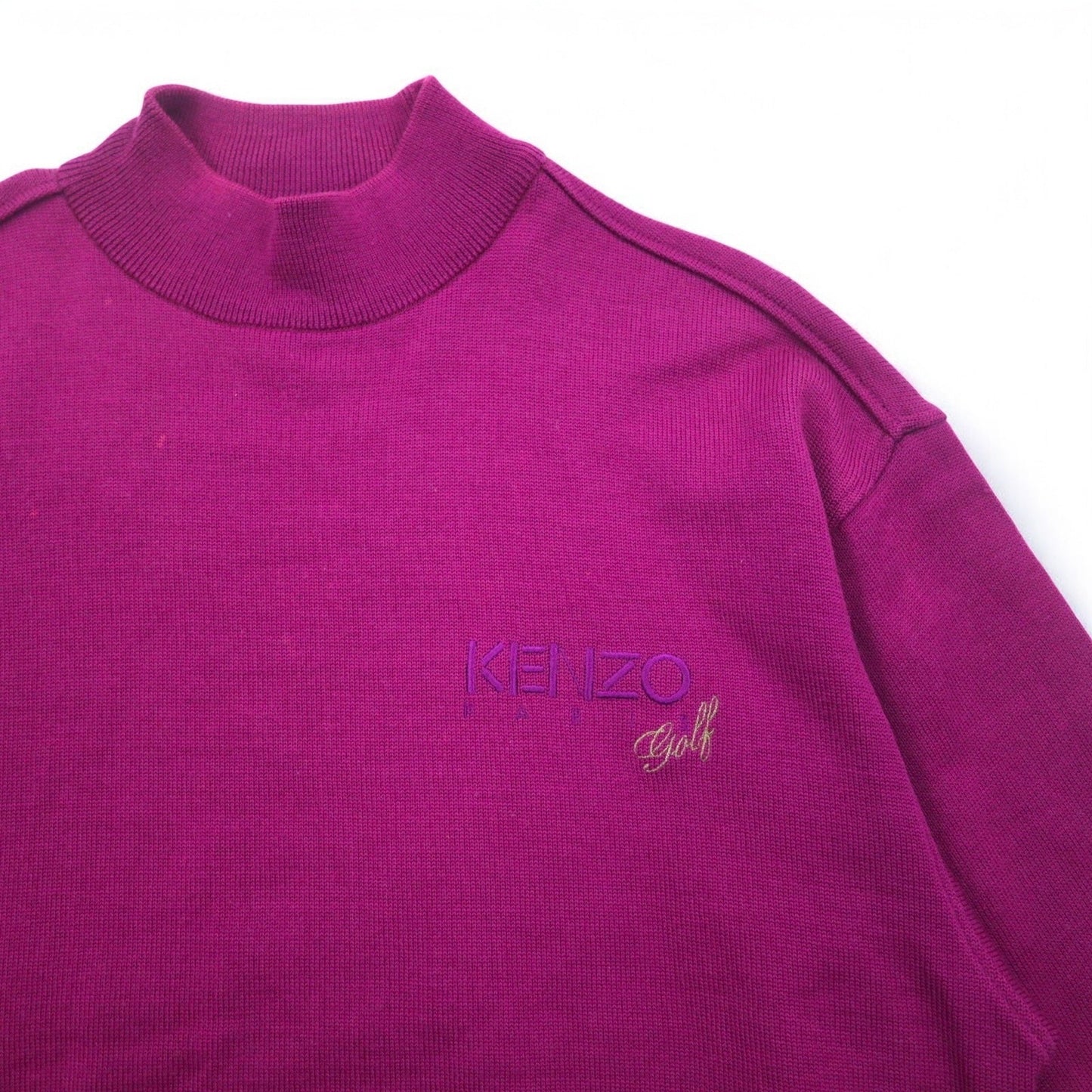 KENZO GOLF 90年代 モックネック ハイゲージニット セーター S パープル ウール ワンポイントロゴ刺繍 日本製