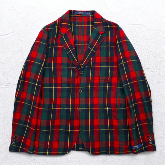 POLO RALPH LAUREN タータンチェック 3B フランネル テーラードジャケット L レッド コットン