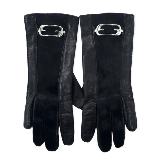 GUCCI イタリア製 オールドグッチ ハラコ レザーグローブ 手袋 6 ブラック GGロゴプレート レディース