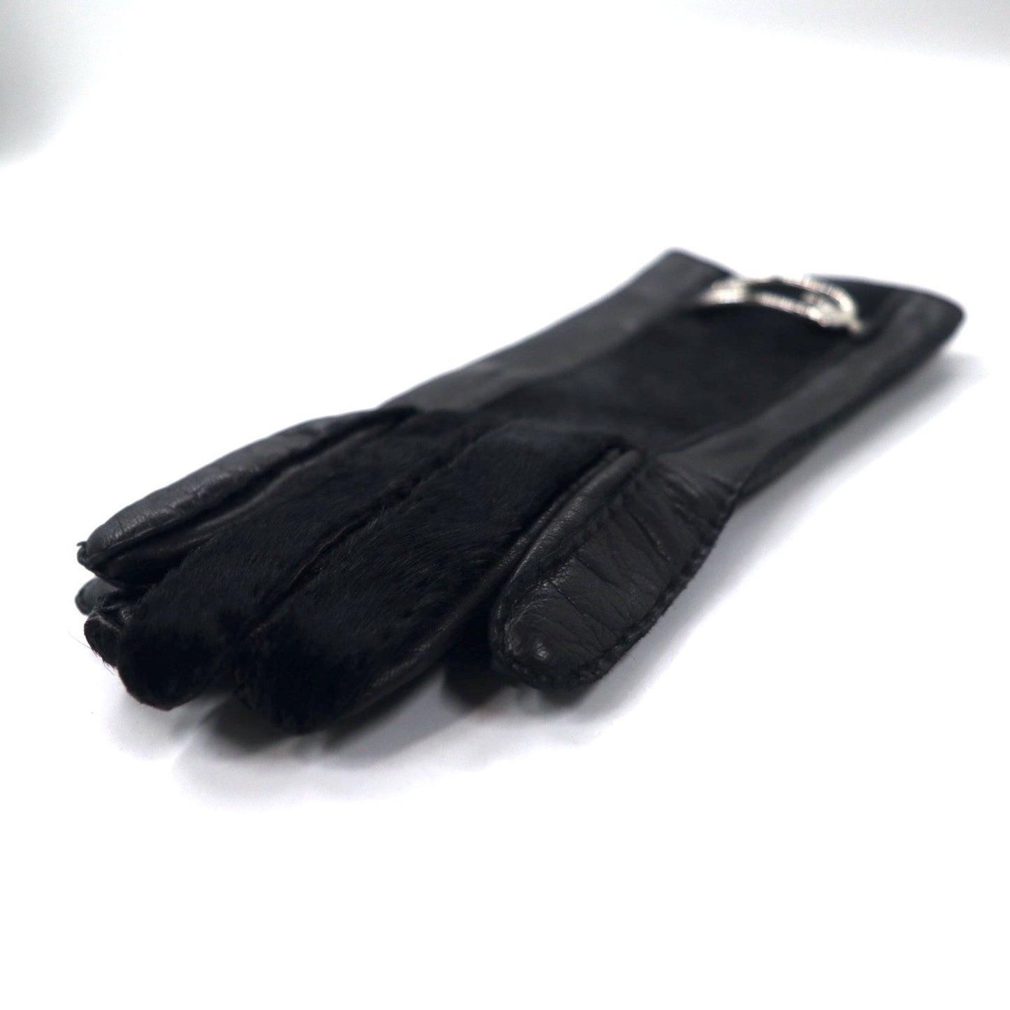 GUCCI イタリア製 オールドグッチ ハラコ レザーグローブ 手袋 6 ブラック GGロゴプレート レディース