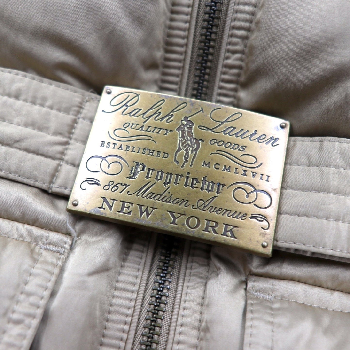 RALPH LAUREN ダウンジャケット S ベージュ ポリエステル ロゴ ベルト バックル ダブルジップ