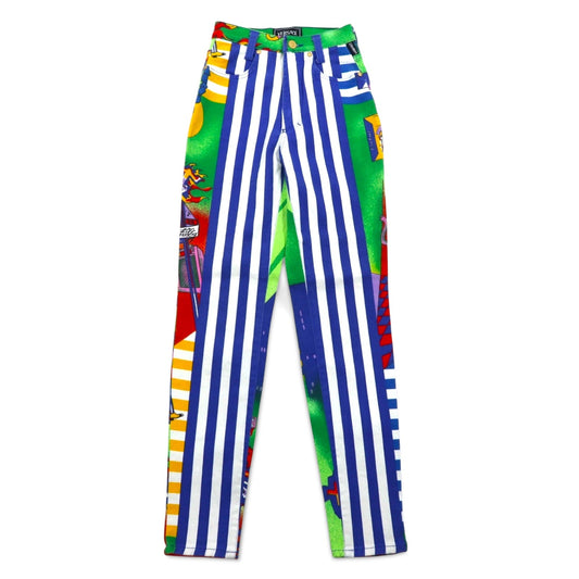 VERSACE JEANS COUTURE イタリア製 ハイウエスト デニムパンツ M ストライプ アート 総柄 クレイジーパターン メデューサ