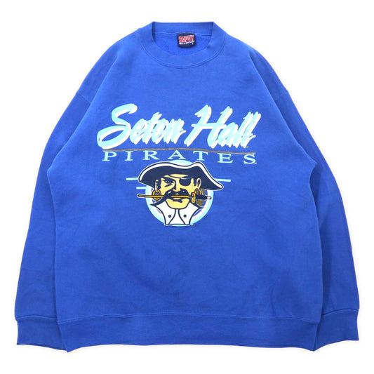 SAVVY TRAU & LOEVNER 90年代 プリントスウェット L ブルー コットン NCAA Seton Hall PIRATES