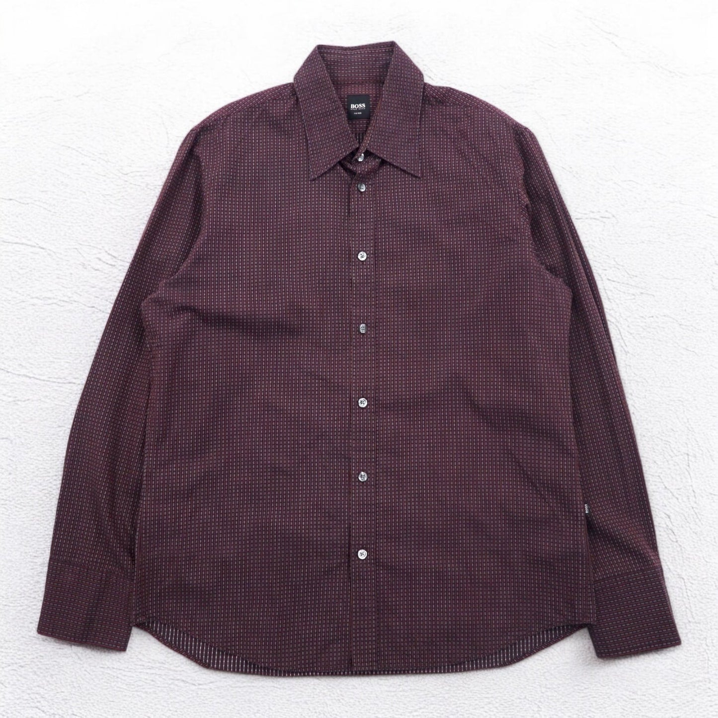 HUGO BOSS ドレスシャツ L ボルドー コットン 小紋柄
