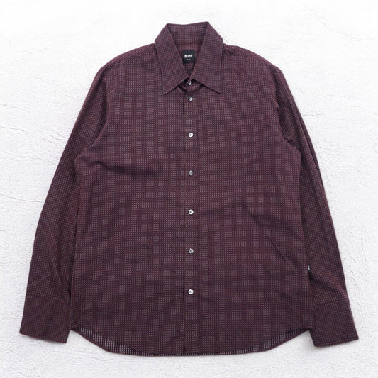 HUGO BOSS ドレスシャツ L ボルドー コットン 小紋柄