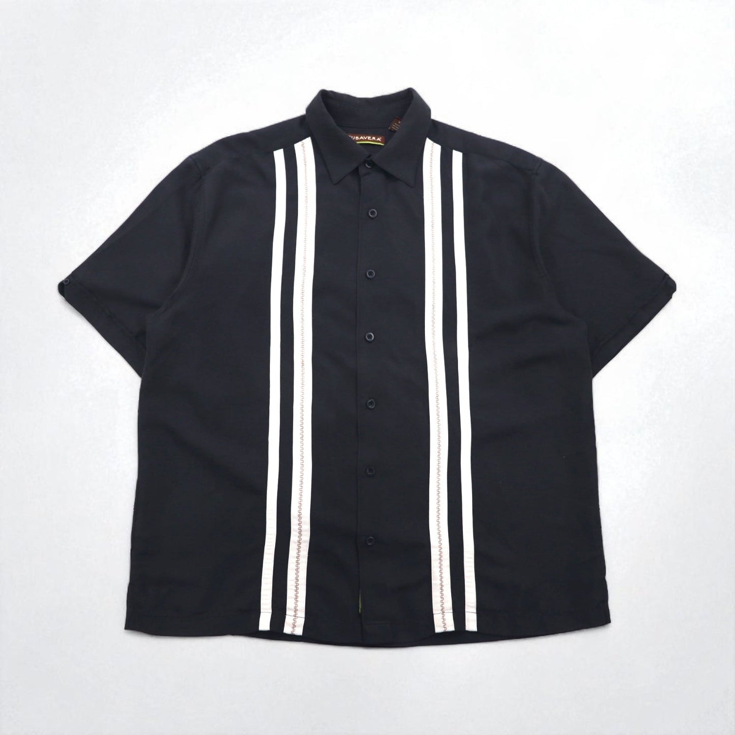 CUBAVERA ラインデザイン キューバシャツ XL ブラック レーヨン ポリエステル
