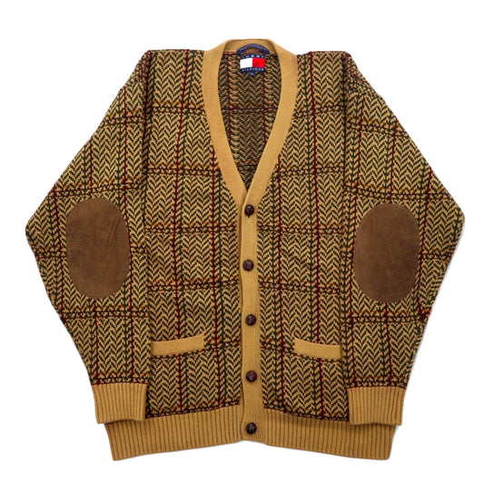 TOMMY HILFIGER 90年代 コットンニット カーディガン XL ブラウン チェック くるみボタン レザー エルボーパッチ