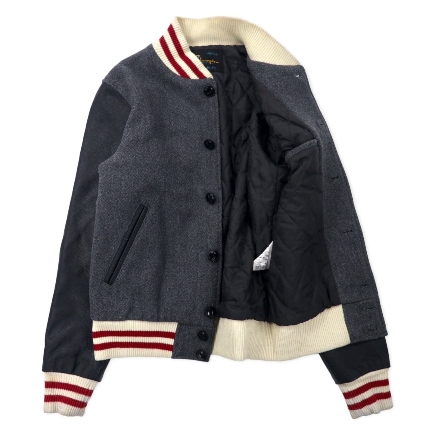 Champion ロチェスター アワードジャケット 袖レザー スタジャン ボタスタ L グレー ウール 牛革 キルティングライナー ランタグ復刻 ROCHESTER AWARD JACKET C3-J605