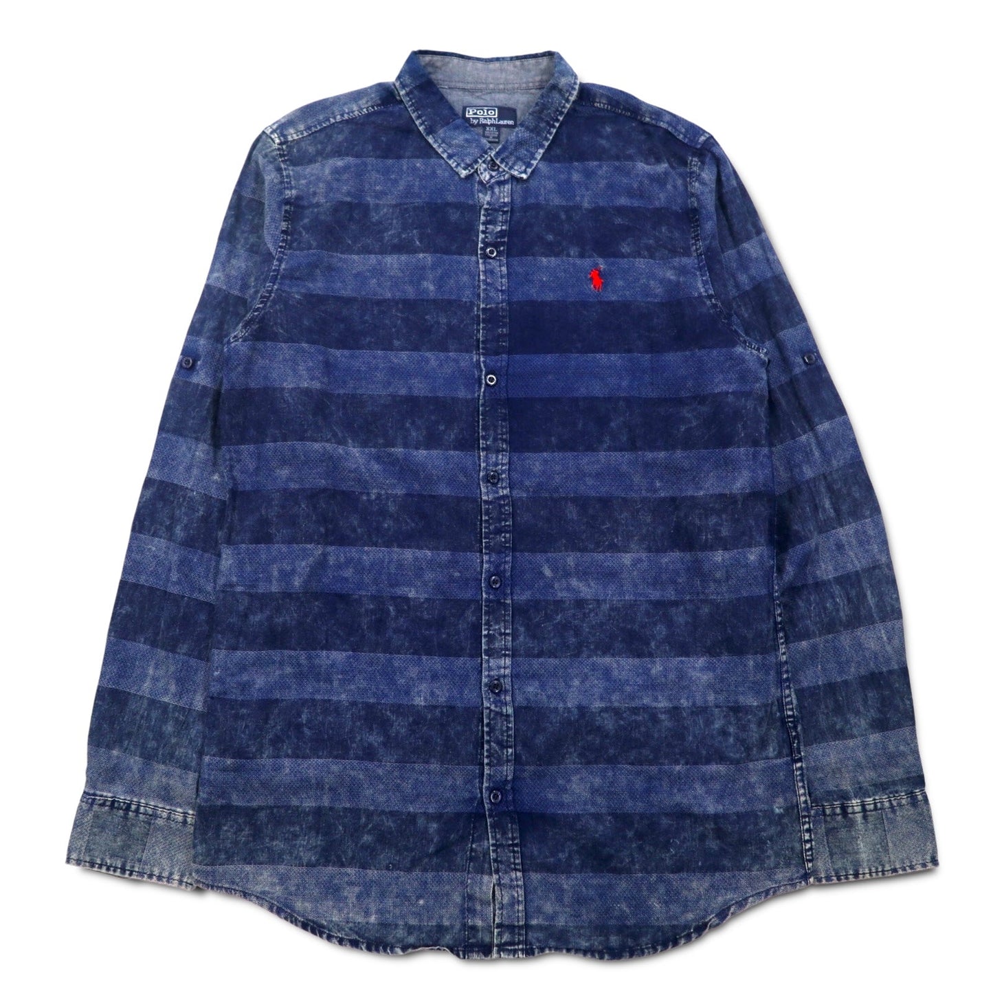 Polo by Ralph Lauren 90年代 ケミカルウォッシュ ボーダー シャツ XXL ブルー スモールポニー刺繍