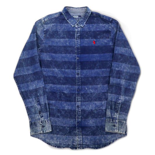 Polo by Ralph Lauren 90年代 ケミカルウォッシュ ボーダー シャツ XXL ブルー スモールポニー刺繍