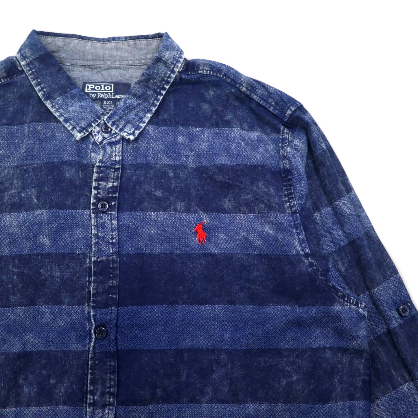 Polo by Ralph Lauren 90年代 ケミカルウォッシュ ボーダー シャツ XXL ブルー スモールポニー刺繍