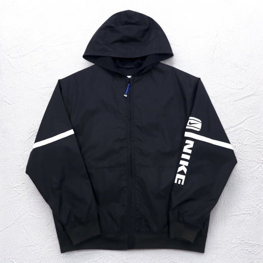 NIKE 00年代 フーデッド ナイロンジャケット L ブラック スウォッシュ 袖ロゴ