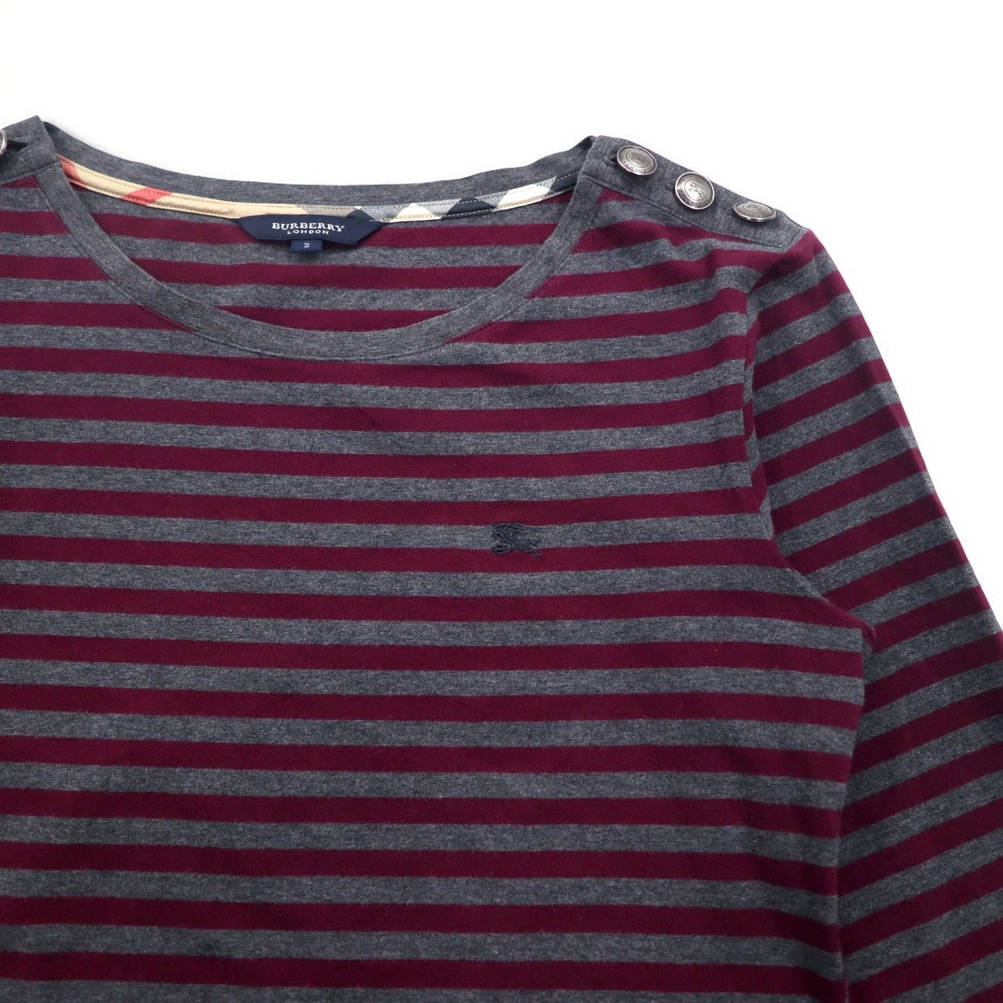BURBERRY ボーダー チュニック Tシャツ M グレー ショルダーボタン ワンポイントロゴ刺繍 日本製