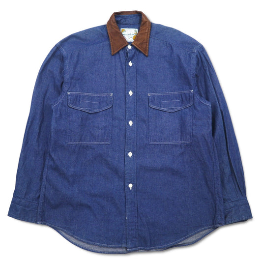 Vintage 90s Denim Shirt MINDLOOSER 襟レザー 切替 ワーク デニムシャツ L インディゴ ブルー コットン