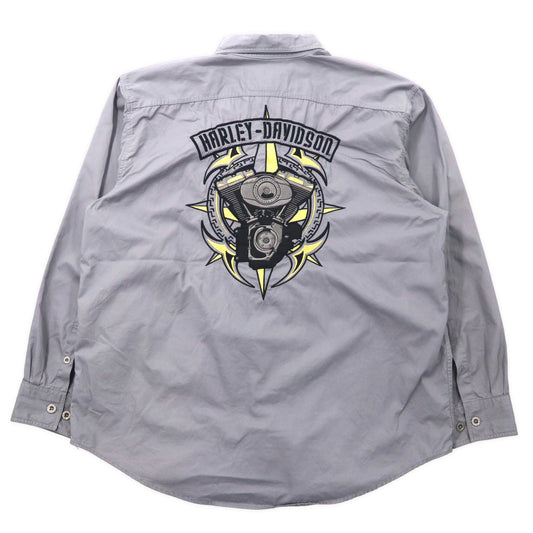 HARLEY DAVIDSON ワークシャツ XL グレー コットン バックロゴ刺繍 ビッグサイズ