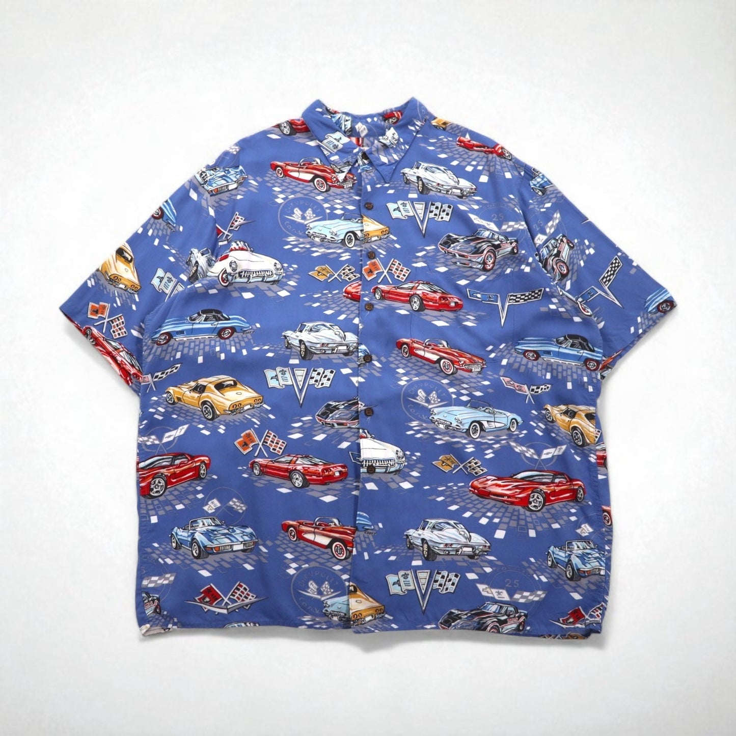 Reyn SPOONER 90年代 ハワイ(USA)製 AMERICAN CLASSICS クラシックカー アロハシャツ 2XL ブルー レーヨン CHEVROLET シボレー