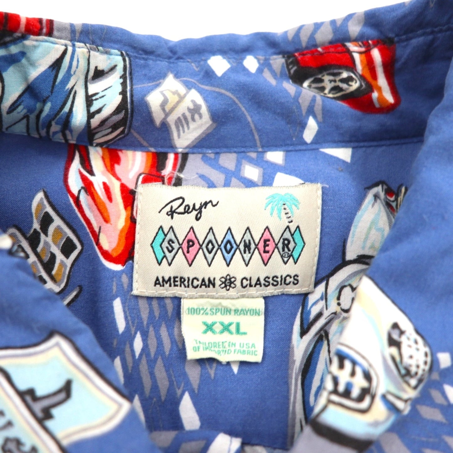 Reyn SPOONER 90年代 ハワイ(USA)製 AMERICAN CLASSICS クラシックカー アロハシャツ 2XL ブルー レーヨン CHEVROLET シボレー