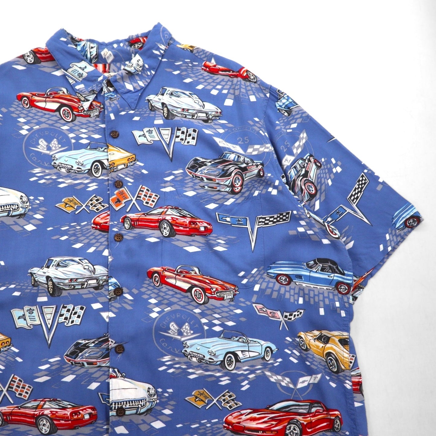 Reyn SPOONER 90年代 ハワイ(USA)製 AMERICAN CLASSICS クラシックカー アロハシャツ 2XL ブルー レーヨン CHEVROLET シボレー