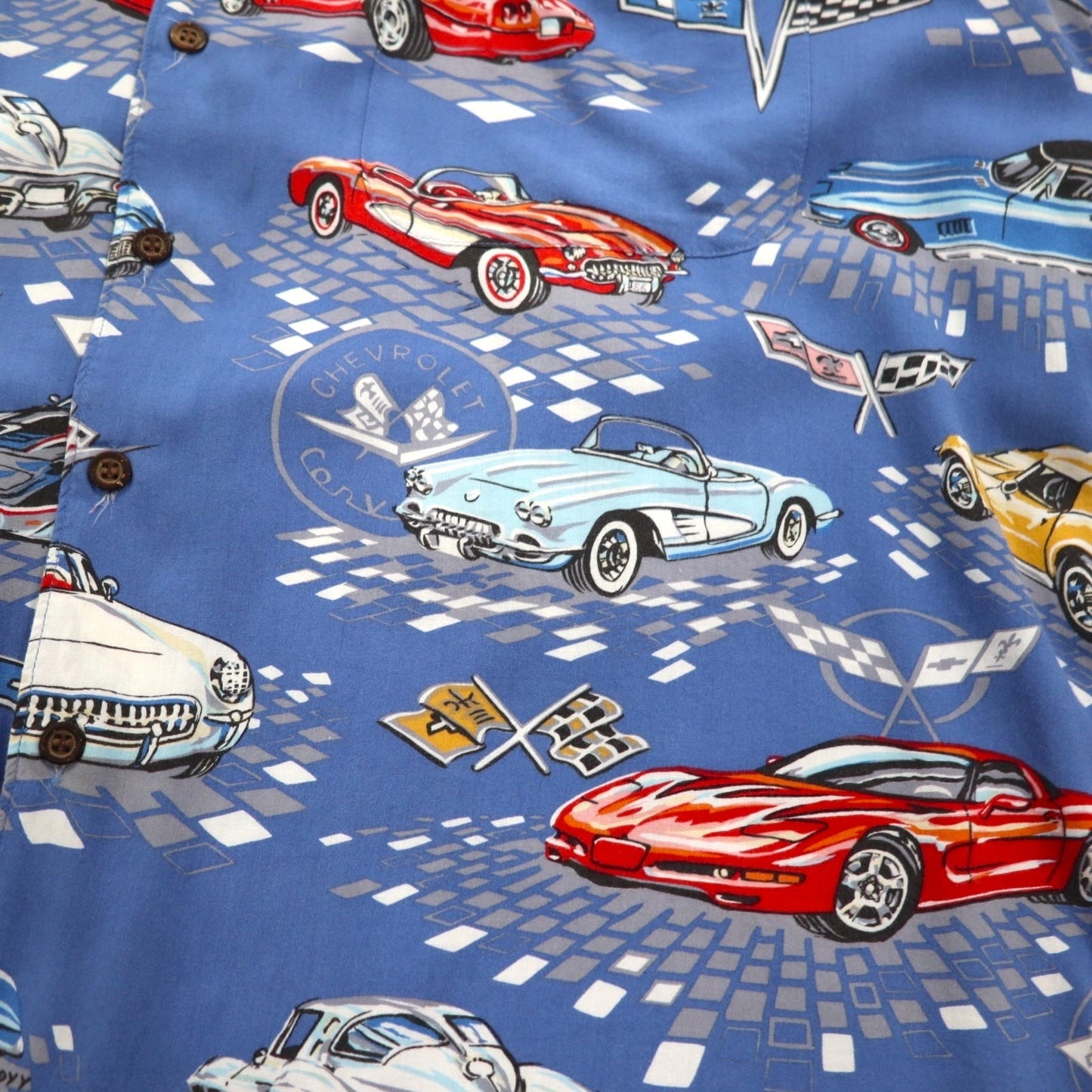 Reyn SPOONER 90年代 ハワイ(USA)製 AMERICAN CLASSICS クラシックカー アロハシャツ 2XL ブルー レーヨン CHEVROLET シボレー