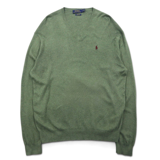 POLO RALPH LAUREN Vネック ピマコットン ニット セーター L カーキ スモールポニー 刺繍 PIMA COTTON