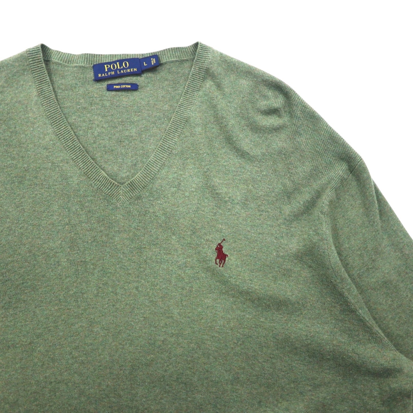 POLO RALPH LAUREN Vネック ピマコットン ニット セーター L カーキ スモールポニー 刺繍 PIMA COTTON