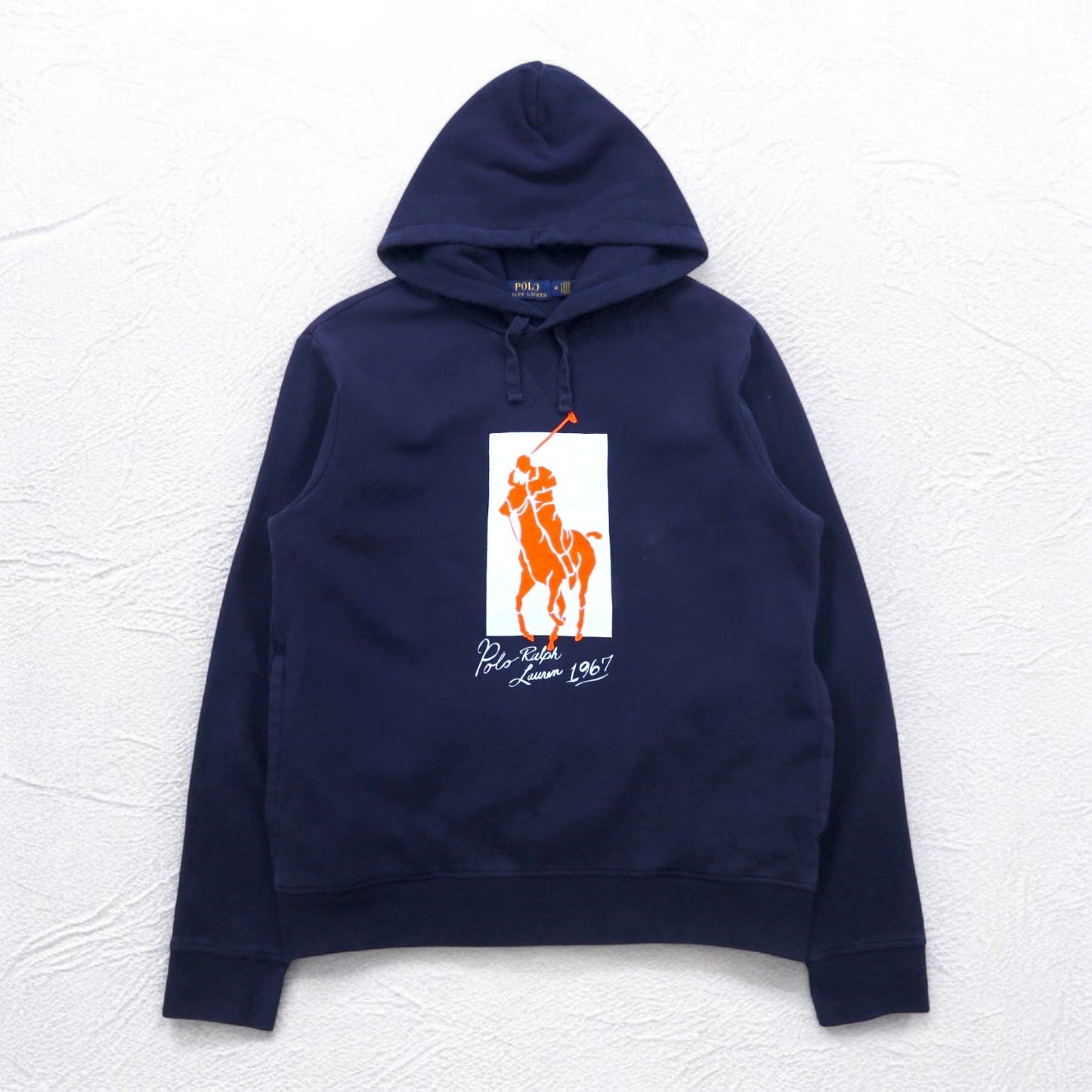 POLO RALPH LAUREN ポニー プリント プルオーバー パーカー M ネイビー 裏起毛 サイドポケット