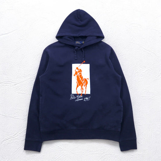 POLO RALPH LAUREN ポニー プリント プルオーバー パーカー M ネイビー 裏起毛 サイドポケット