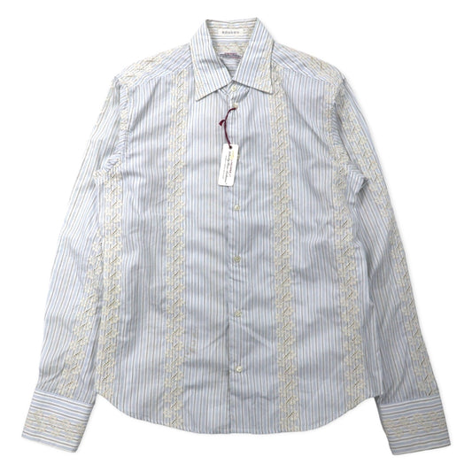 RONSON イタリア製 花柄刺繍 ドレスシャツ 41 ホワイト ストライプ コットン 未使用品