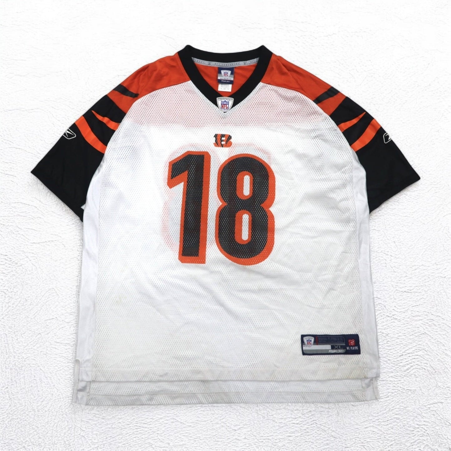 Reebok ゲームシャツ XL ホワイト オレンジ ポリエステル メッシュ ナンバリング NFL ベンガルズ