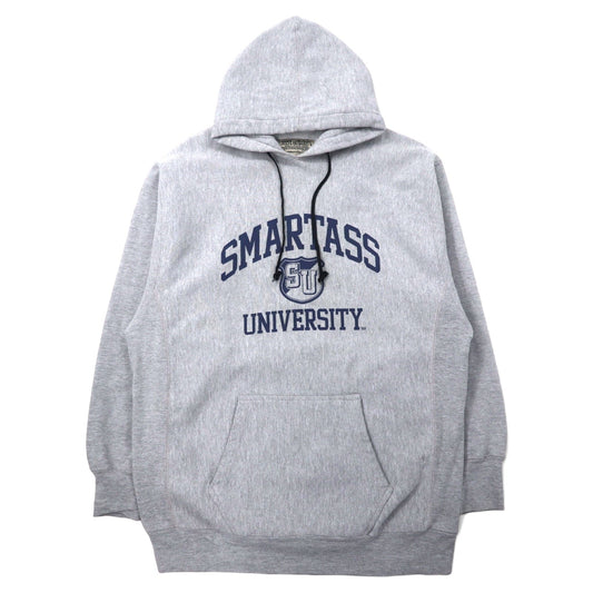 90年代 STEVE AND BARRY'S リバースウィーブ プルオーバー パーカー L グレー コットン カレッジ SMARTASS アーチロゴ 3段プリント ビッグサイズ
