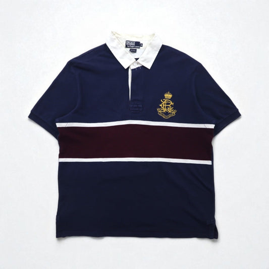 Polo by Ralph Lauren 90年代 ラインデザイン ポロシャツ 3XL ネイビー 鹿の子 エンブレムロゴ刺繍