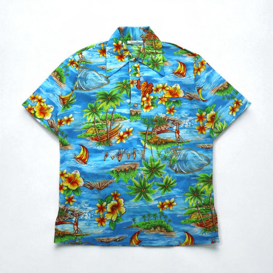 Pennys HAWAII 70年代 プルオーバー アロハシャツ L ブルー ポリエステル 襟芯 総柄 ビーチ