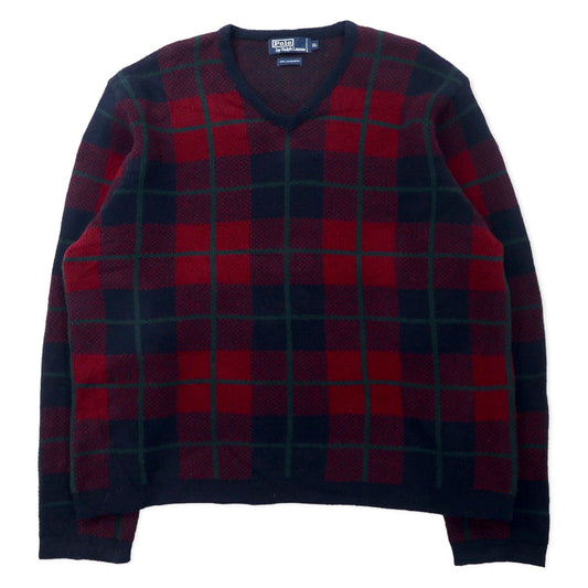 Polo by Ralph Lauren Vネック ニット セーター XL ネイビー チェック ラムウール