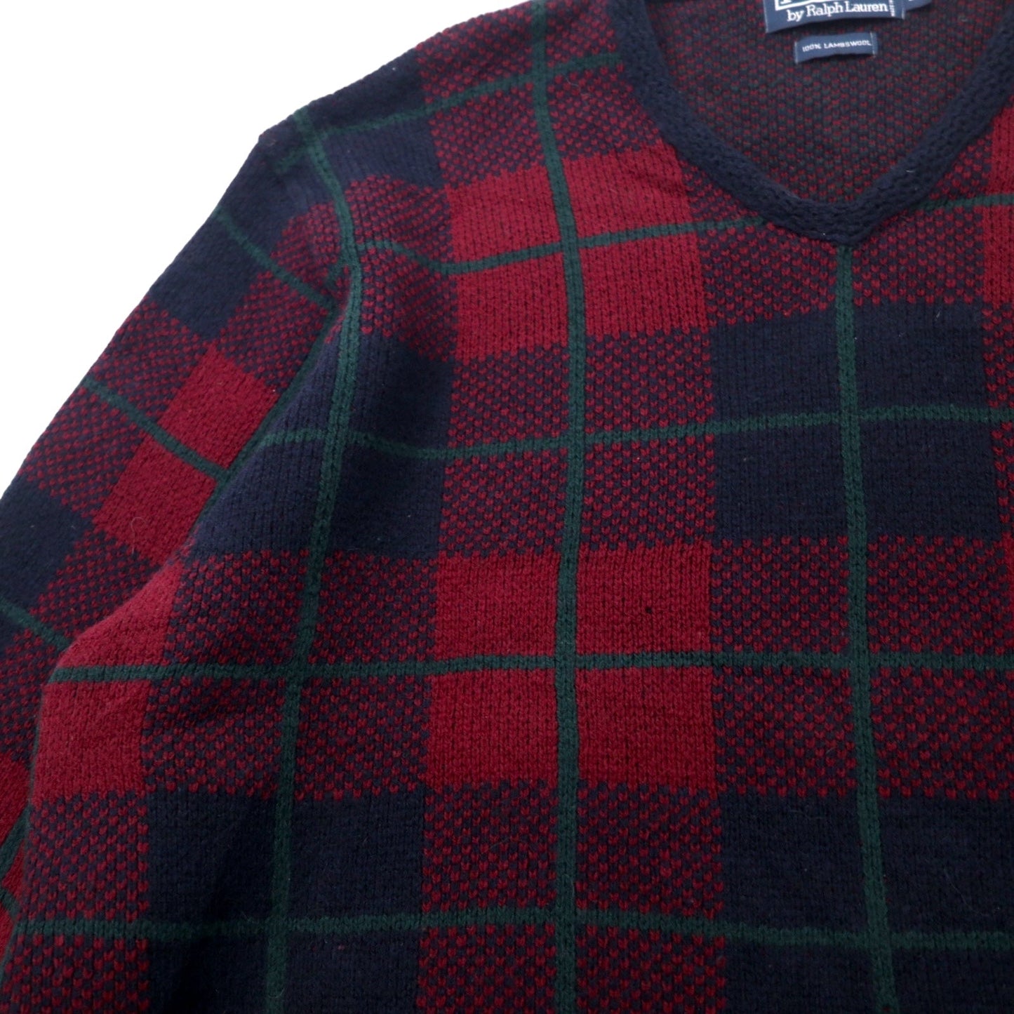 Polo by Ralph Lauren Vネック ニット セーター XL ネイビー チェック ラムウール