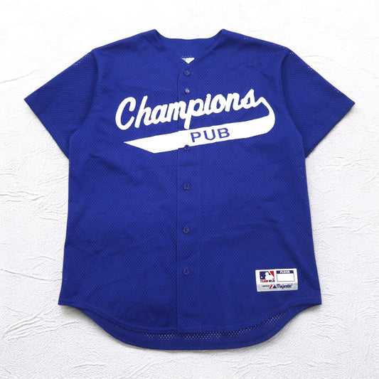 majestic 90年代 USA製 メッシュ ベースボールシャツ L ブルー MLB Champions PUB ナンバリング
