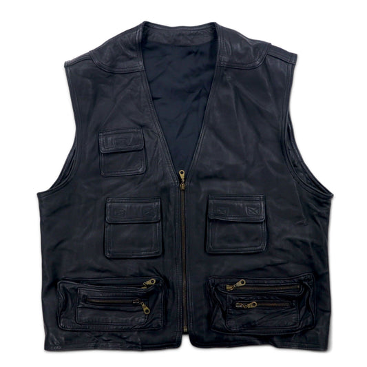 Vintage Leather Hunting Vest ユーティリティ レザー ハンティングベスト L ブラック ジップアップ