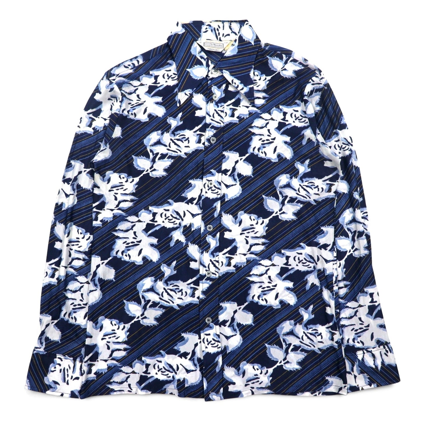 Sears 70年代 カナダ製 ロングカラー 総柄シャツ ポリシャツ L ネイビー 花柄 衿芯 CHEMISE SPORT