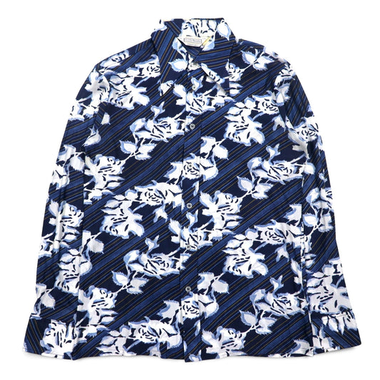 Sears 70年代 カナダ製 ロングカラー 総柄シャツ ポリシャツ L ネイビー 花柄 衿芯 CHEMISE SPORT