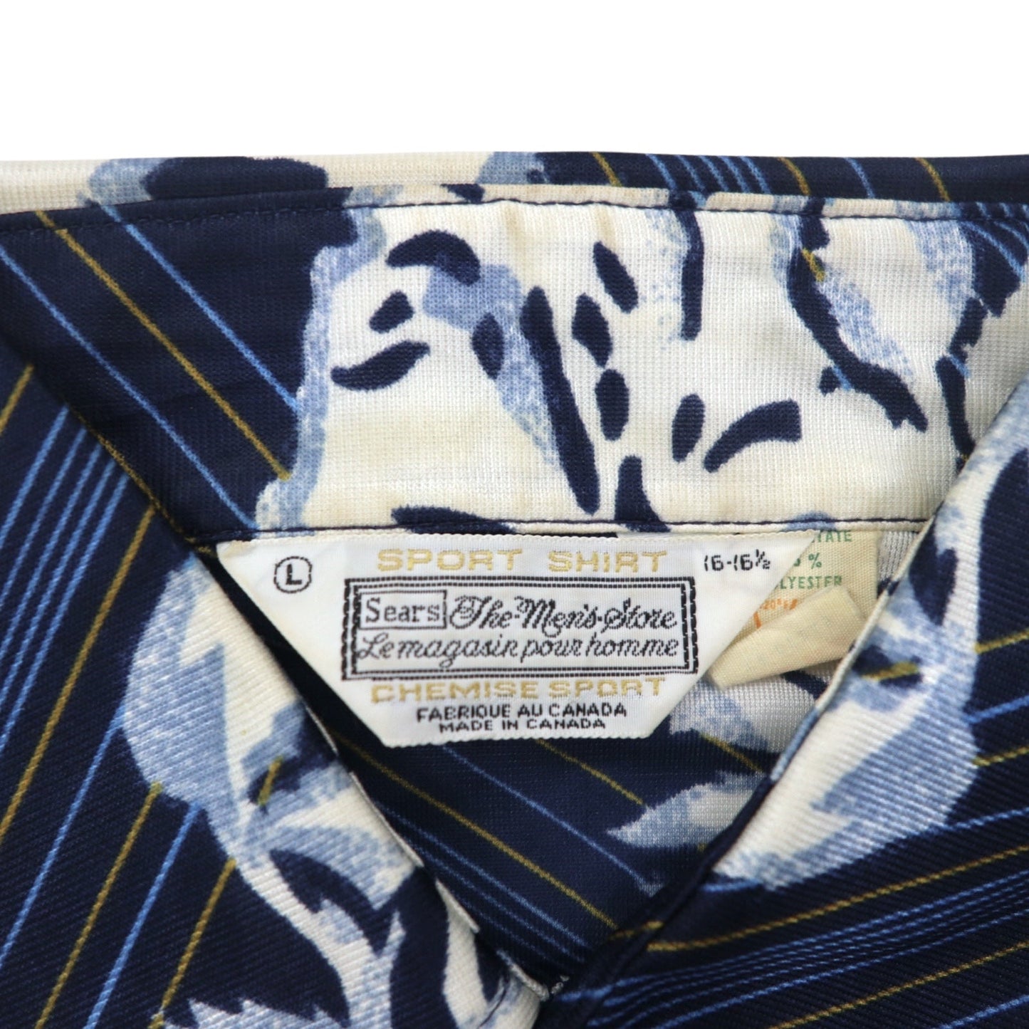 Sears 70年代 カナダ製 ロングカラー 総柄シャツ ポリシャツ L ネイビー 花柄 衿芯 CHEMISE SPORT