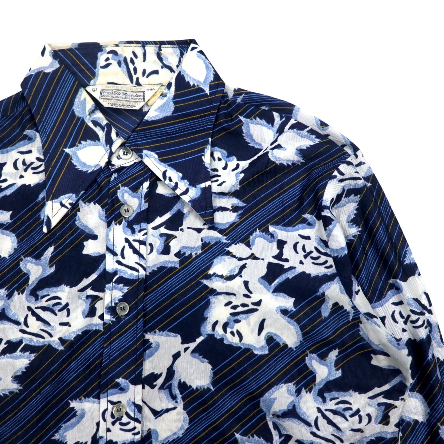 Sears 70年代 カナダ製 ロングカラー 総柄シャツ ポリシャツ L ネイビー 花柄 衿芯 CHEMISE SPORT