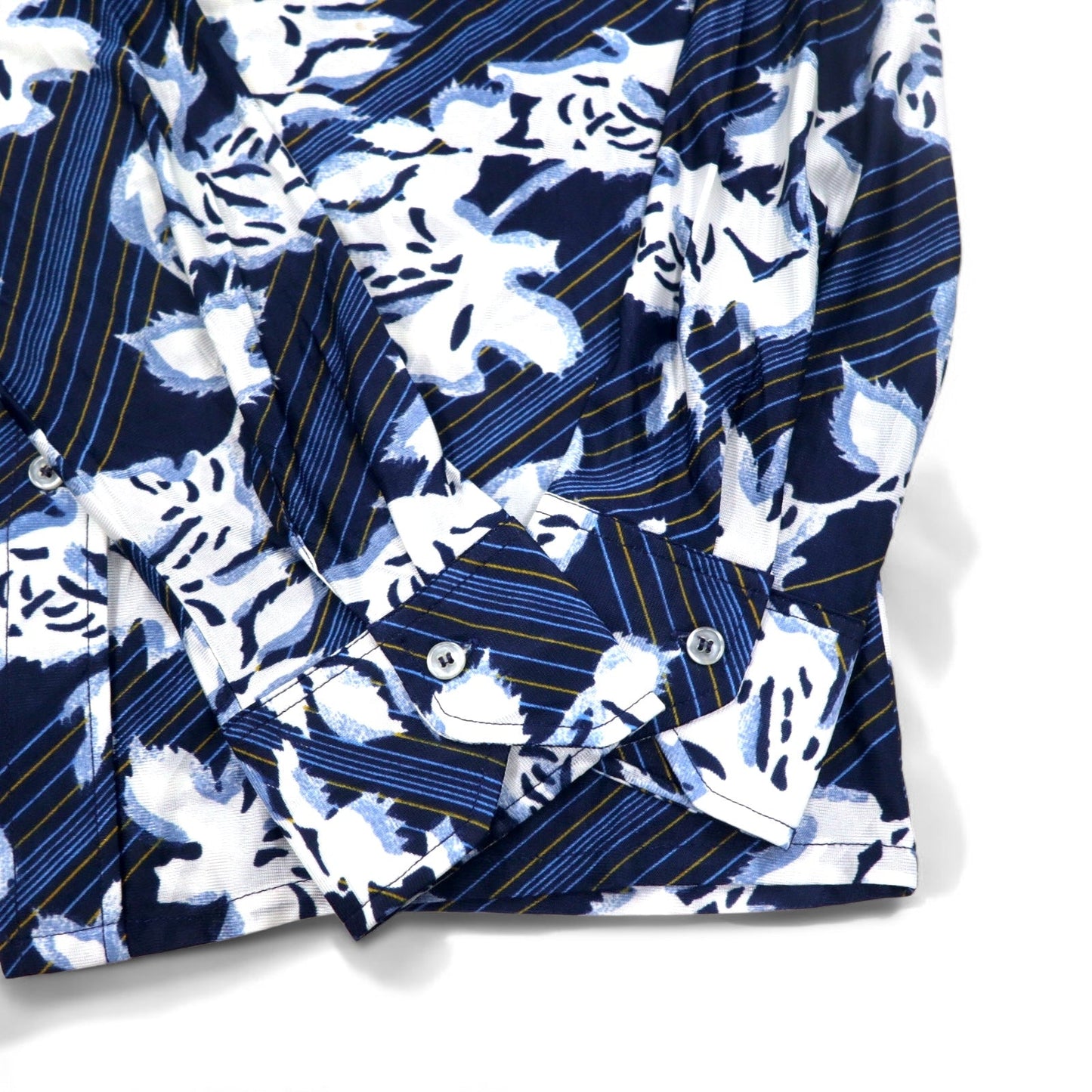 Sears 70年代 カナダ製 ロングカラー 総柄シャツ ポリシャツ L ネイビー 花柄 衿芯 CHEMISE SPORT