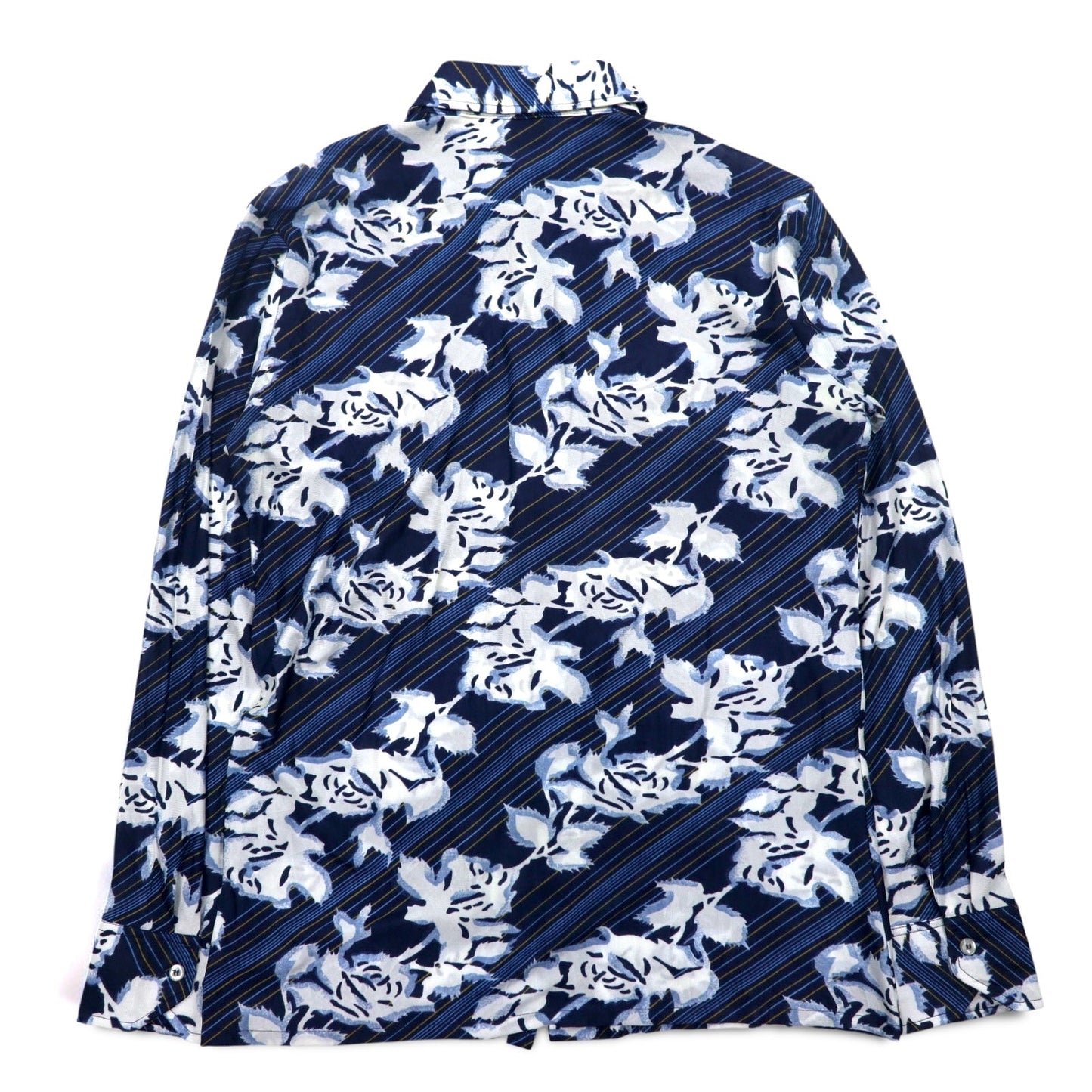 Sears 70年代 カナダ製 ロングカラー 総柄シャツ ポリシャツ L ネイビー 花柄 衿芯 CHEMISE SPORT