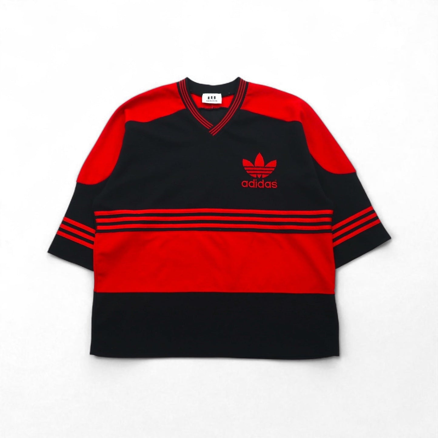 adidas 90年代 トレフォイルロゴ刺繍 ゲームシャツ XL ブラック レッド ポリエステル